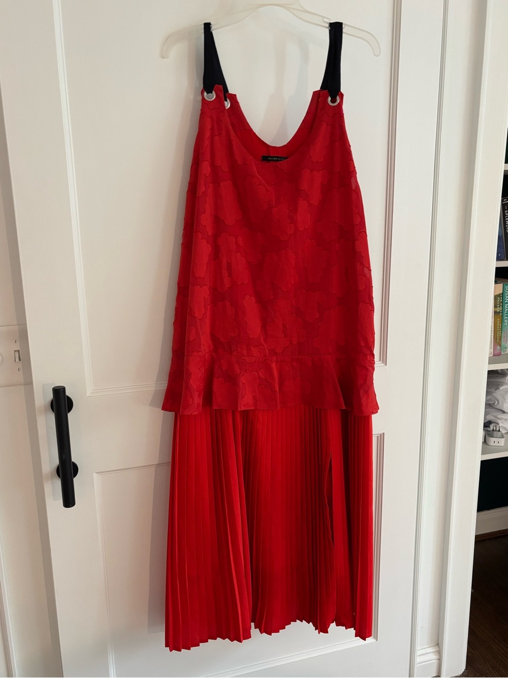 Red Pleated Midi Dress with Black Strap Accents by Mother of Pearl